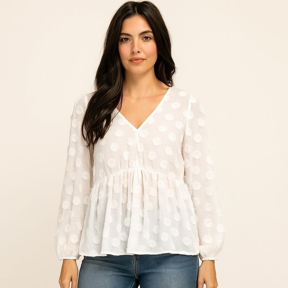Crescent White Polka Dot Peplum Babydoll Blouse, S